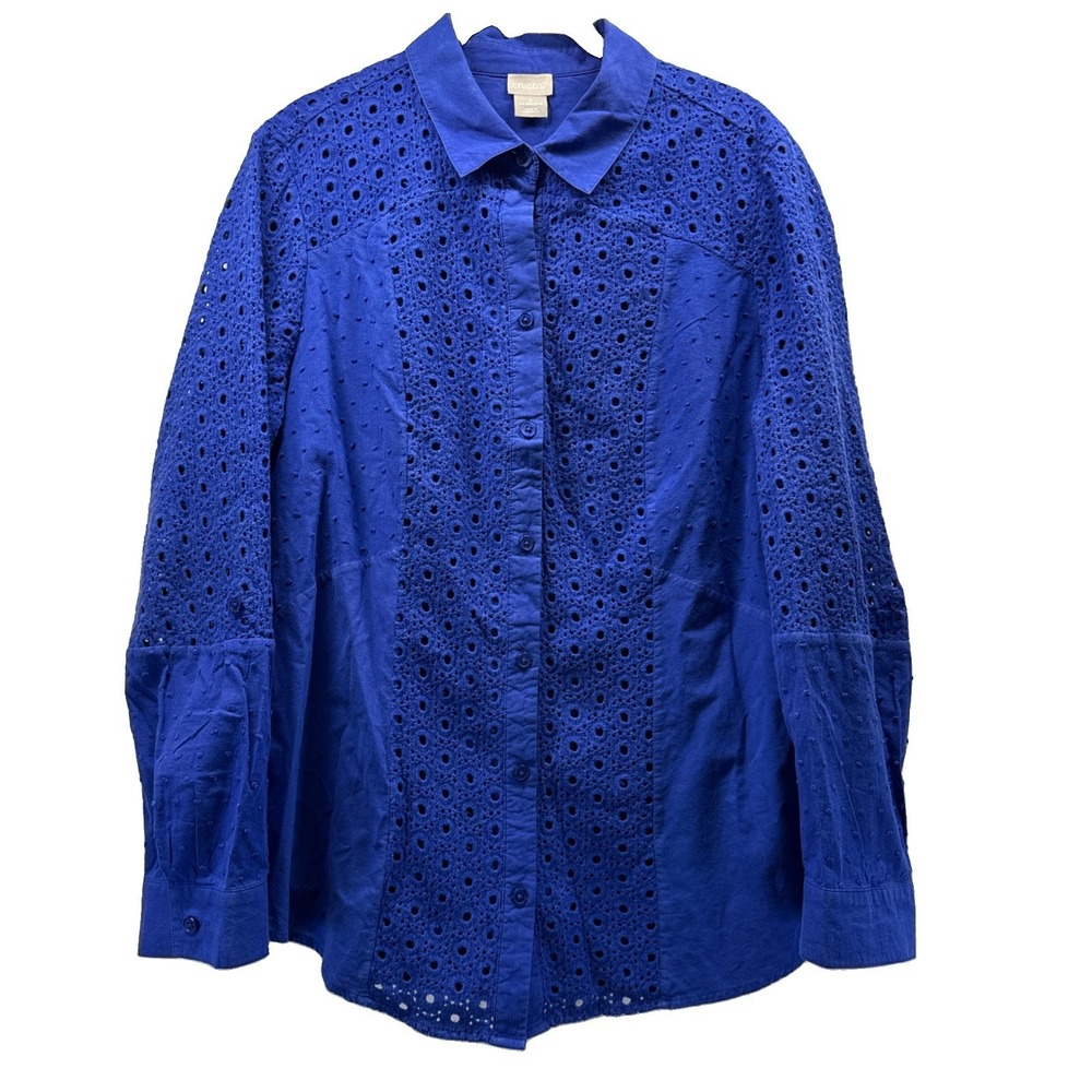 Chicos Women's Top Blouse Size Large Royal Blue Eyelet Long Sleeves Button Up